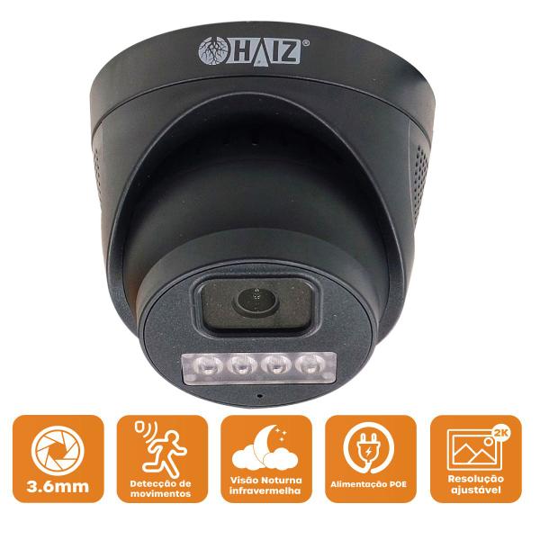 Imagem de Kit C/2 Câmeras Pretas Dome 3MP 3.6MM IP POE Infra Sensor 1/4"