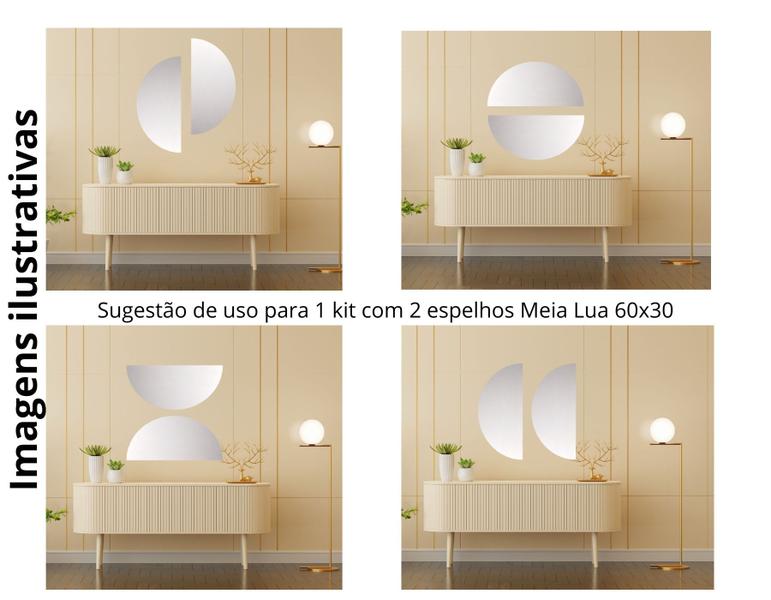 Imagem de Kit c/2 Espelhos Meia Lua 60x30 Decorativo Quarto Sala Jantar Hall Banheiro Lavabo Corredor