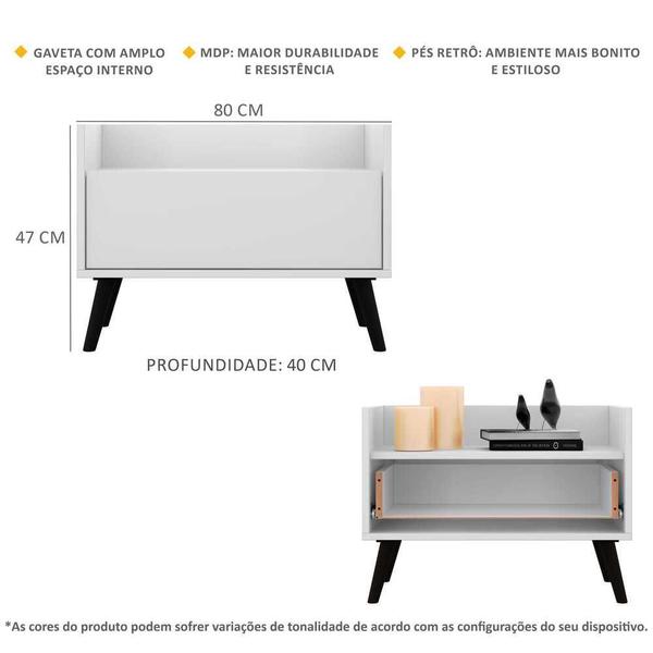 Imagem de Kit c/ 2 Mesas de Cabeceira 80 cm c/ Pés Retrô Multimóveis Branca/Preta