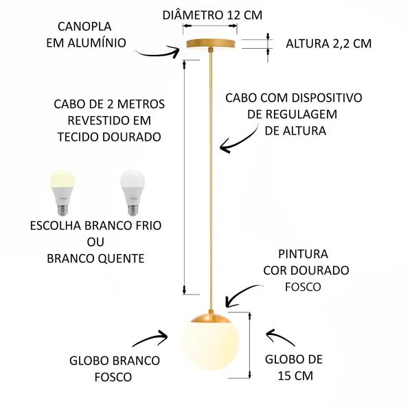 Imagem de Kit c/2 pendente globo jabuticaba stuttgart dourado fosco fl