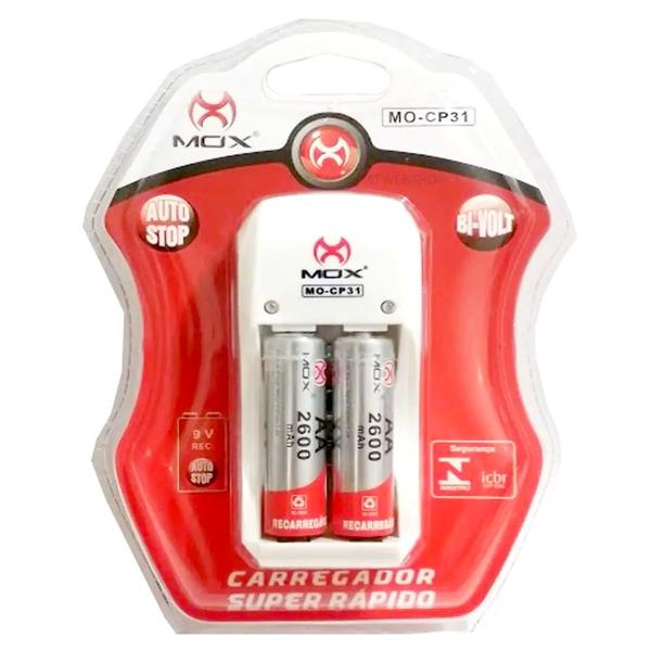 Imagem de Kit C/ 2 Pilhas Recarregáveis 2.600mAh AA + Carregador Rápido Bivolt MOX