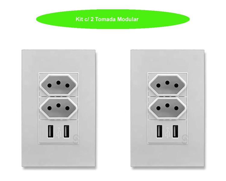 Imagem de Kit c/ 2 Tomadas Modular Universal c/ 2 USB e Dupla Tomada