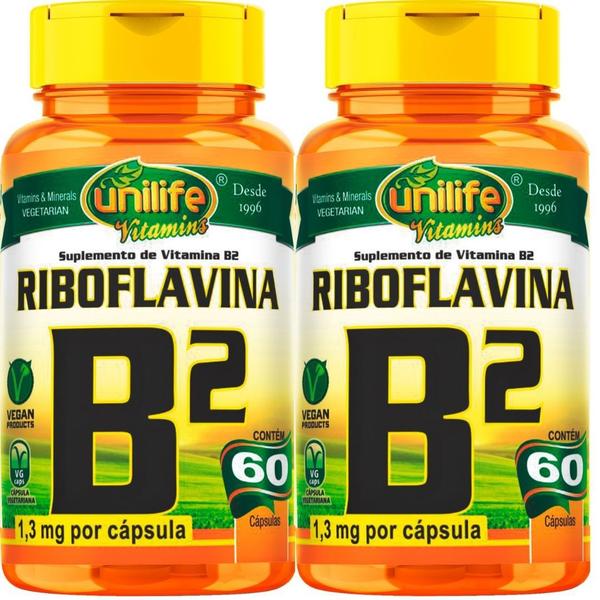 Kit C/ 2 Un Vitamina B2 Riboflavina Pura 120 Caps Vegano Unilife Imagem de Kit C/ 2 Un Vitamina B2 Riboflavina Pura 120 Caps Vegano Unilife