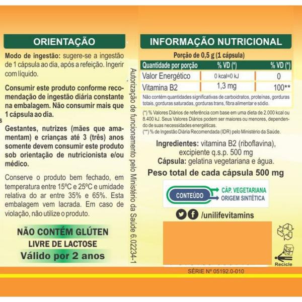 Kit C/ 2 Un Vitamina B2 Riboflavina Pura 120 Caps Vegano Unilife Imagem de Kit C/ 2 Un Vitamina B2 Riboflavina Pura 120 Caps Vegano Unilife