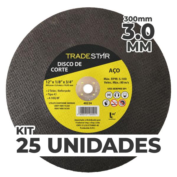 Imagem de Kit c/ 25 Disco de Corte Metal 12" 300x3,0 mm Furo 19,05 mm