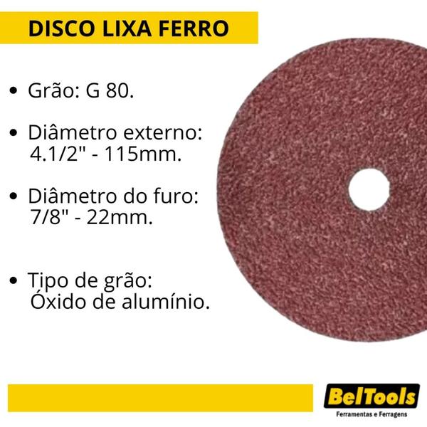 Imagem de Kit C/ 25 Disco Lixa Ferro 4.1/2x7/8 G80 Beltools