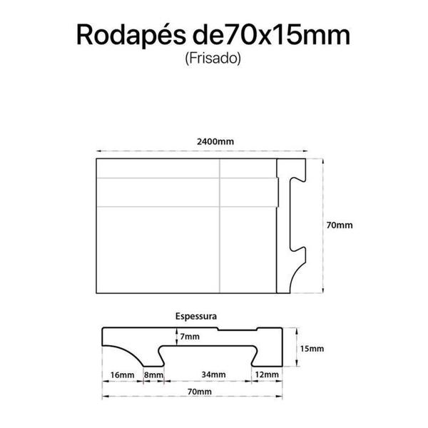 Imagem de Kit c/3 barras Rodapé de Poliestireno Frisado 7cm x 15mm x 2,40m 7,2m