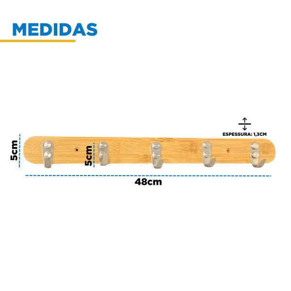 Imagem de Kit C/ 3 Cabideiro De Parede 5 Ganchos Bambu Pendurar Objetos 