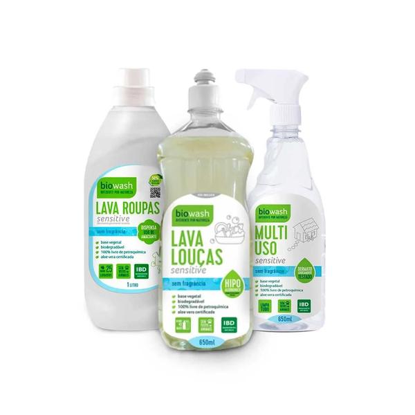 Imagem de Kit c/3: kit sensitive biowash- multiuso detergente lava roupa sensitive