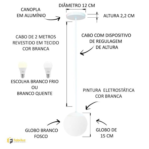 Imagem de Kit c/3 lustre pendente globo jabuticaba stuttgart branco