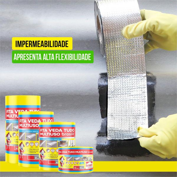 Kit C/ 3 Manta Asfáltica Auto Adesiva Metalizada 10cmx10m Vedatudo - Brasilit Imagem de Kit C/ 3 Manta Asfáltica Auto Adesiva Metalizada 10cmx10m Vedatudo
