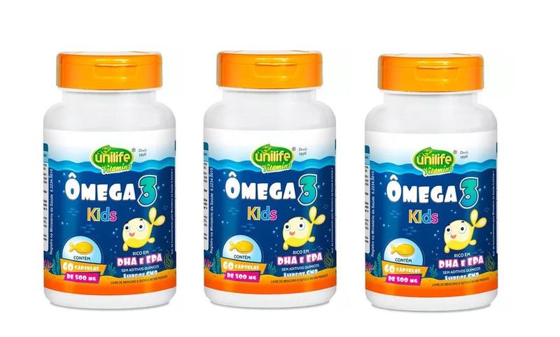 Imagem de Kit C/3 Ômega 3 Kids 60 Cápsulas Unilife - Rico Em Dha E Epa