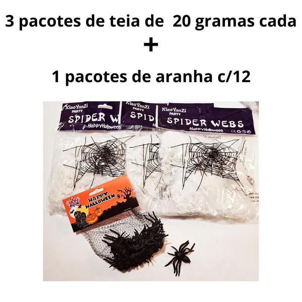 Imagem de kit c/3 pct teia aranha branca 1 aranha preta c/12 halloween