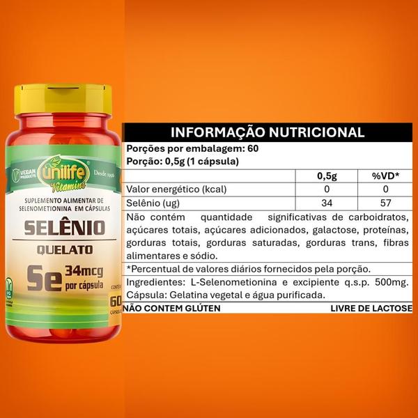 Imagem de KIT C/3 Un. Suplemento Selênio Quelato Se 500mg 60 Cápsulas Vegano - Unilife