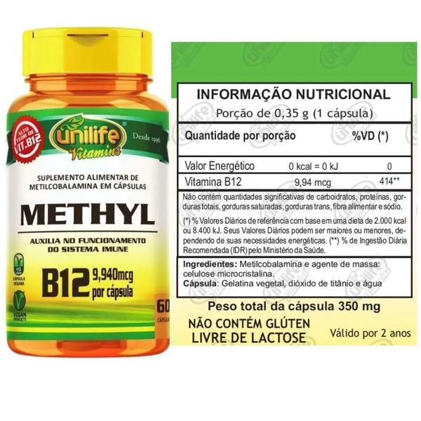 Imagem de KIT C/3 Un. Vitamina B12 Metilcobalamina60 Cápsulas Vegano - Unilife