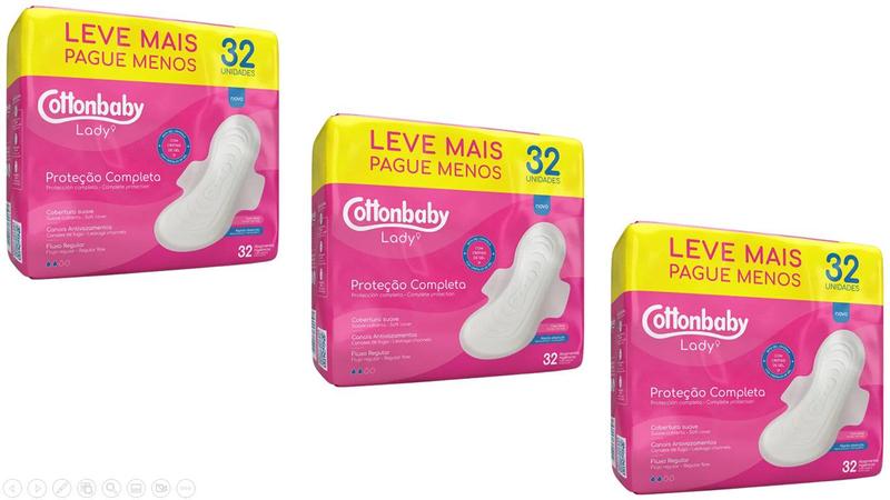 Imagem de Kit c/ 3un Absorvente Higiênico Cottonbaby Lady c/ abas c/ 32un