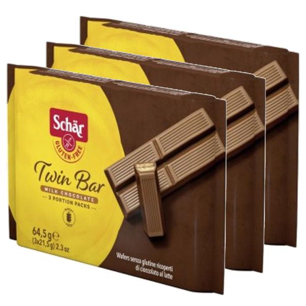 kit c/ 3und Twin Bar Chocolate Wafer s/ Gluten SCHAR 64,5g Imagem de kit c/ 3und Twin Bar Chocolate Wafer s/ Gluten SCHAR 64,5g