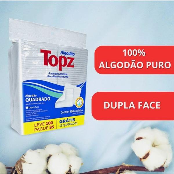 Imagem de Kit C/4 Algodão Hidrófilo Quadrado Topz Dupla Face C/100 Unidades