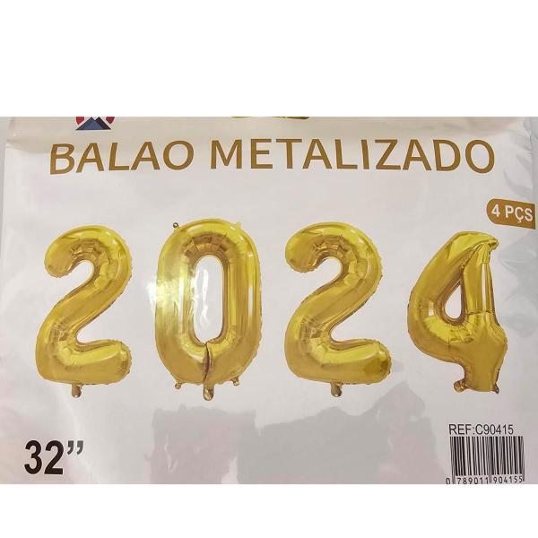 Imagem de kit c/4 balões metalizado numero 2024 Reveillon ouro 32"