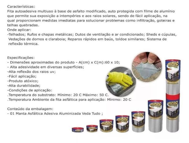 Imagem de Kit c/ 4 manta asfáltica auto adesiva aluminizada 60cm x 10m dryko