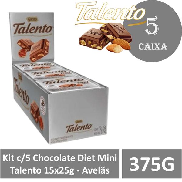 Kit c/5 Chocolate Diet Mini Talento 15x25g - Avelãs Imagem de Kit c/5 Chocolate Diet Mini Talento 15x25g - Avelãs