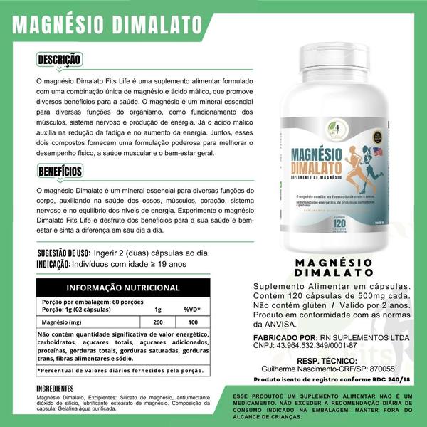 Imagem de KIT C/5 Magnésio Dimalato Puro Premium 120 Cápsulas 500mg - Fits Life