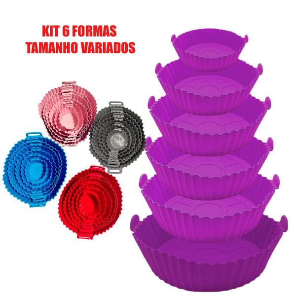 Imagem de Kit C/ 6 Bandejas Forma De Airfryer Silicone Reutilizável Antiaderente