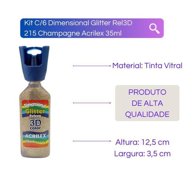 Imagem de Kit C/6 Dimensional Glitter Rel3D 215 Champagne Acrilex 35Ml