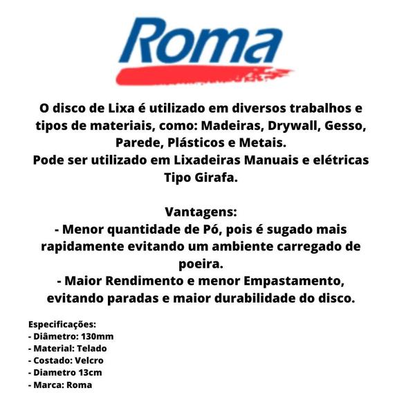 Kit C/6 Discos de Lixa Tela Abrasiva tiras autocolantes 130mm Grao 120 Roma Imagem de Kit C/6 Discos de Lixa Tela Abrasiva tiras autocolantes 130mm Grao 120 Roma