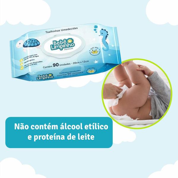 Imagem de Kit c/ 6 Pacotes de Lenço Toalhas Umedecidas Aloe Vera Bebê Limpinho Premium c/ 90un