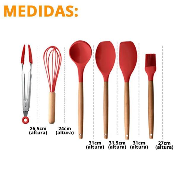 Imagem de Kit C/7 Utensílios Cozinha Vermelho Silicone Madeira Red