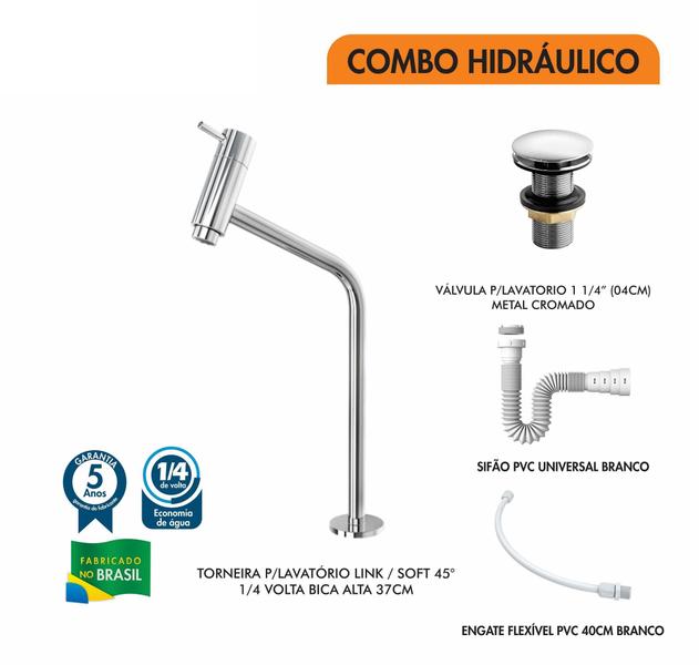 Imagem de Kit C/Torneira Pratika 45 Alta + Válvula Click Up 1 1/2" (4,0cm) + Sifão Pvc Branco + Flexível