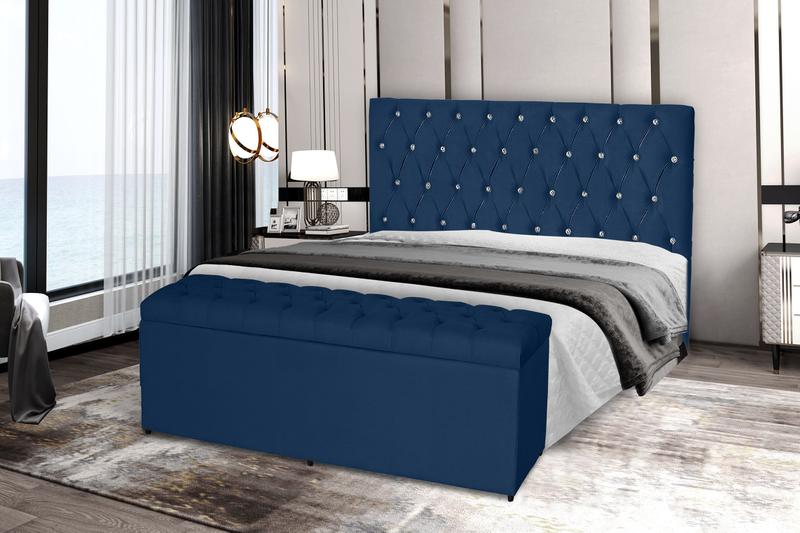 Imagem de Kit Cabeceira 120Cm p/ Cama Box Solteiro + Baú 120Cm Calçadeira Estofada Imperatriz Suede Azul Marinho