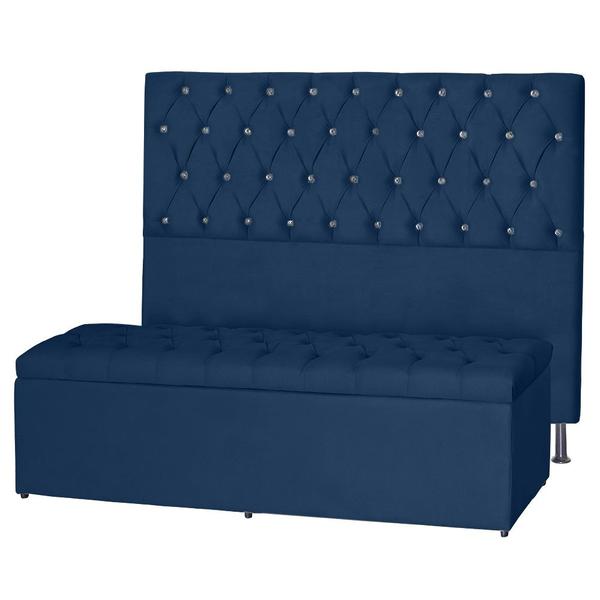 Imagem de Kit Cabeceira 138Cm p/ Cama Box Casal + Baú 138Cm Calçadeira Estofada Imperatriz Suede Azul Marinho