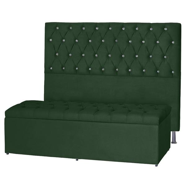 Imagem de Kit Cabeceira 138Cm p/ Cama Box Casal + Baú 138Cm Calçadeira Estofada Imperatriz Suede Verde Militar