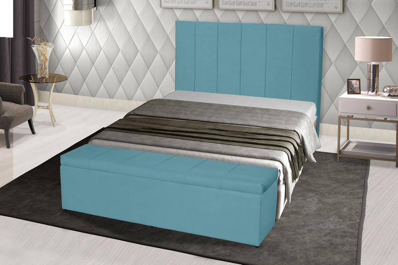 Imagem de Kit Cabeceira 138Cm p/ Cama Box Casal + Baú 138Cm Calçadeira Estofada Vitória Suede Azul Tiffany