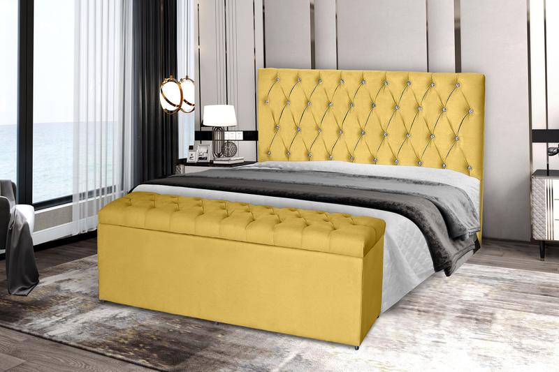 Imagem de Kit Cabeceira 158Cm p/ Cama Box Queen + Baú 158Cm Calçadeira Estofada Imperatriz Suede Amarelo