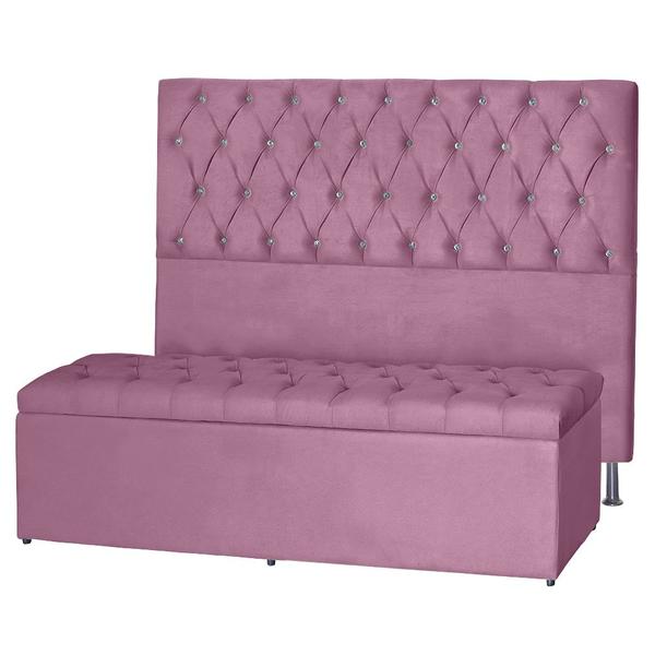 Imagem de Kit Cabeceira 193Cm p/ Cama Box King + Baú 193Cm Calçadeira Estofada Imperatriz Suede Rosa