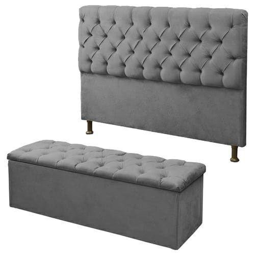 Imagem de Kit Cabeceira Alice+ Calçadeira Itália King 195 CM Suede Cinza - D A Decor