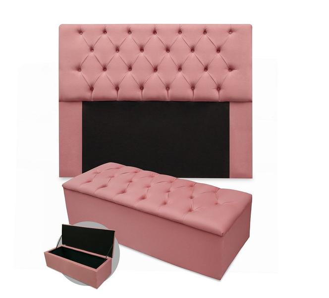 Imagem de Kit cabeceira anjos queen mais calçadeira 160cm suede rosa