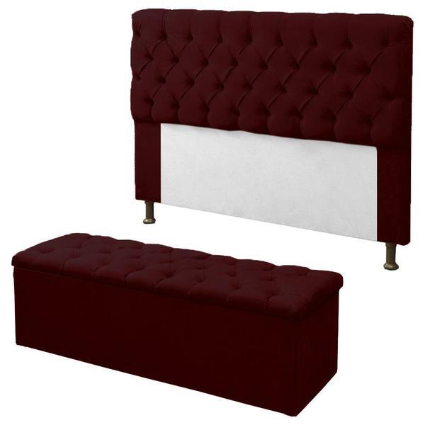 Imagem de Kit Cabeceira + Calçadeira Baú Mirage Casal 140cm Suede Vermelho Bordô - DL Decor