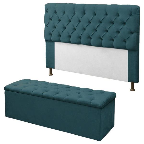 Imagem de Kit Cabeceira + Calçadeira Baú Mirage Queen 160cm Suede Azul Turquesa - DL Decor