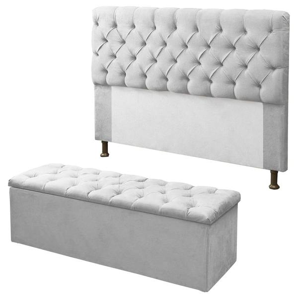 Imagem de Kit Cabeceira + Calçadeira Baú Sofia Queen 160cm material sintético Branco - LM DECOR