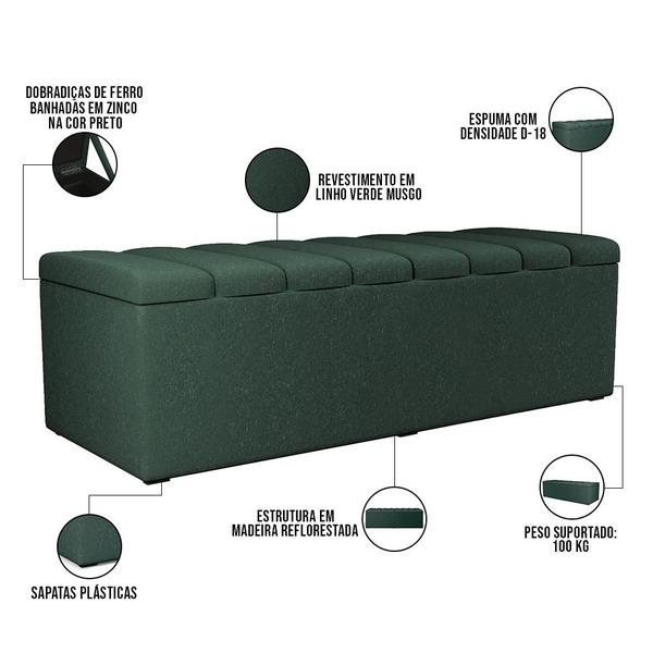 Imagem de Kit Cabeceira Cama Box Casal 140 Cm Calçadeira Recamier Baú Dália W01 Linho Verde Musgo - Lyam Decor