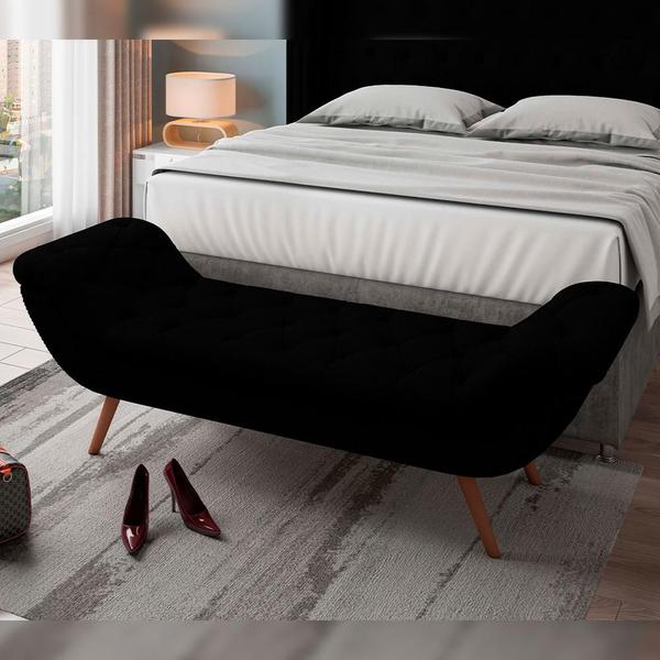 Imagem de Kit Cabeceira Cama Box Casal 140 cm Madrid com Puff Recamier Santorini Bouclê Preto - Lyam Decor