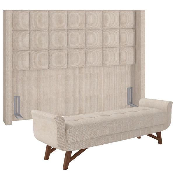 Imagem de Kit Cabeceira Cama Box Casal 140 cm Paris com Puff Recamier Itália P05 Linho Creme - Lyam Decor