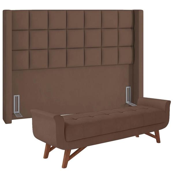 Imagem de Kit Cabeceira Cama Box Casal 140 cm Paris com Puff Recamier Itália Veludo Marrom - Lyam Decor