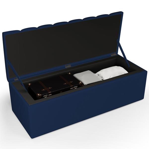 Imagem de Kit Cabeceira Cama Box Casal 140cm Calçadeira Recamier Baú Dália W01 Suede Azul Marinho - Lyam Decor