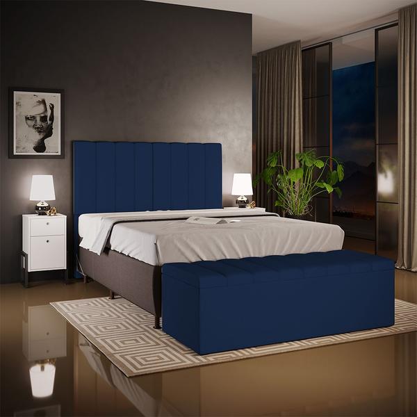 Imagem de Kit Cabeceira Cama Box Casal 140cm Calçadeira Recamier Baú Dália W01 Suede Azul Marinho - Lyam Decor