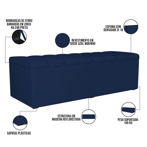 Imagem de Kit Cabeceira Cama Box Casal 140cm Calçadeira Recamier Baú Dália W01 Suede Azul Marinho - Lyam Decor